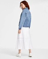 Studded Denim Jacket Ditsy Print Tank Tiered Maxi Skirt
