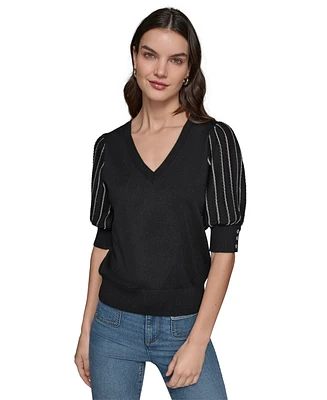 Karl Lagerfeld Paris Women's Puffed-Sleeve V-Neck Sweater