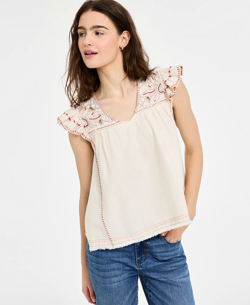 Liverpool Los Angeles Women's Flutter-Sleeve V-Neck Embroidered Blouse