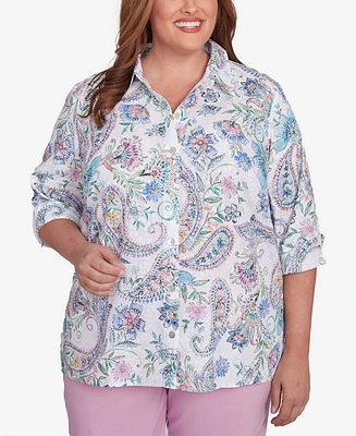 Alfred Dunner Plus Classic Paisley Button Down Cuffed Sleeves Top