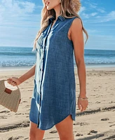 Cupshe Women's Indigo Sleeveless Collared Cover-Up Mini Beach Dress