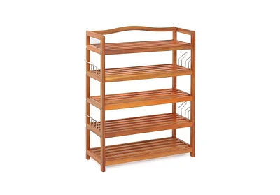 5-Tier Acacia Wood Shoe Rack with Side Metal Hooks