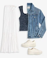 Studded Denim Jacket Ditsy Print Tank Tiered Maxi Skirt