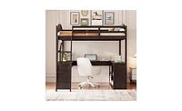 Slickblue Wooden Loft Bed with U-shaped Desk,Storage Compartments and Tri-fold Mirror