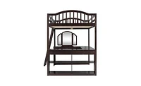 Slickblue Wooden Loft Bed with U-shaped Desk,Storage Compartments and Tri-fold Mirror
