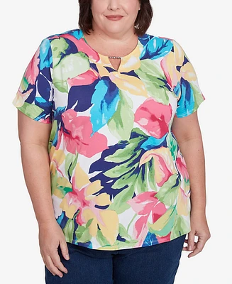 Alfred Dunner Plus Tropical Leaf Split Beaded Neck Top