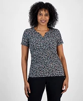 Style & Co Petite Printed Short-Sleeve Henley Top, Exclusively at Macy's