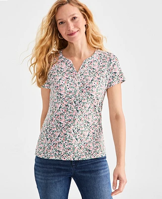 Style & Co Women's Printed Short-Sleeve Henley T-Shirt, Exclusively at Macy's