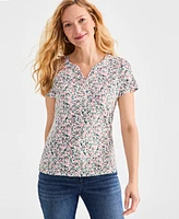 Style & Co Women's Printed Short-Sleeve Henley T-Shirt, Exclusively at Macy's