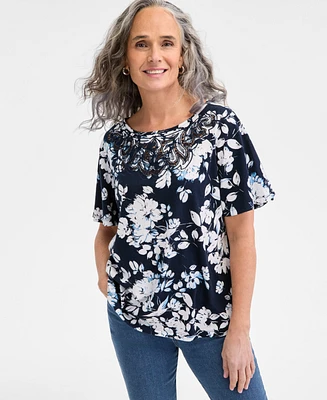 Style & Co Women's Printed Short-Sleeve Embroidered Top, Exclusively at Macy's