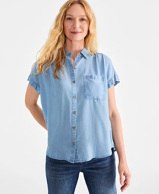 Style & Co Petite Chambray Short-Sleeve Button Shirt, Exclusively at Macy's