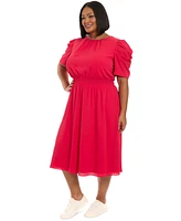 London Times Plus Gathered-Sleeve Smocked-Waist Dress