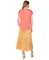 Vince Camuto Womens Split Neck Cap Sleeve Top Printed Midi Skirt