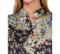 CeCe Women's Printed Flutter-Sleeve Hidden-Placket Blouse