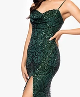 Blondie Nites Juniors' Sequin Draped-Neck Side-Slit Gown