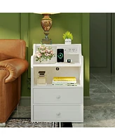 Likimio White Nightstand with Charging Station 2 Drawers and Storage Shelves