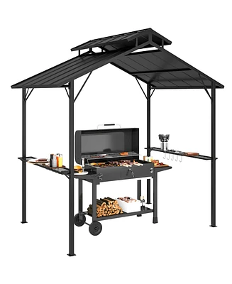 Outsunny 8 x 5ft Hardtop Grill Gazebo with 2 Side Shelves and 10 Hooks