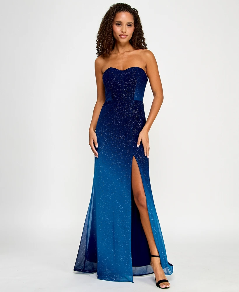 Violet Weekend Juniors' Glitter-Mesh Ombre Gown