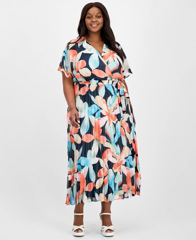 Sandra Darren Plus V-Neck Belted Pleated Maxi Dress