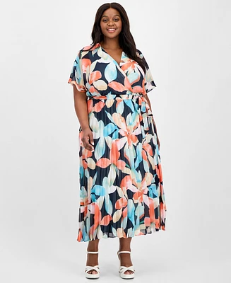 Sandra Darren Plus V-Neck Belted Pleated Maxi Dress