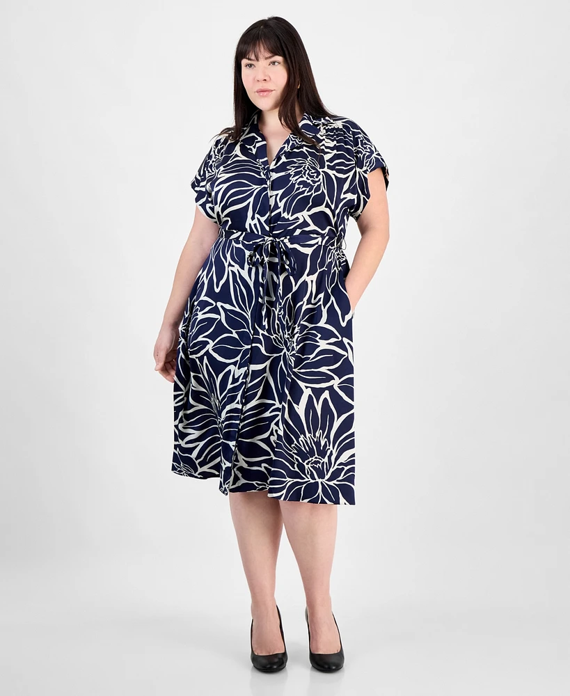 Sandra Darren Plus Floral-Print Tie-Waist Satin Midi Dress