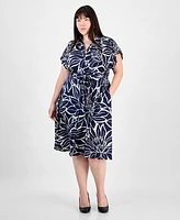 Sandra Darren Plus Floral-Print Tie-Waist Satin Midi Dress