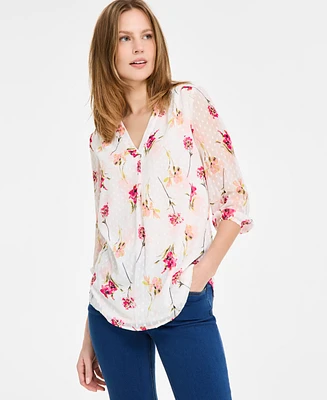 Jones New York Women's Floral-Print Chiffon Clip-Dot Top