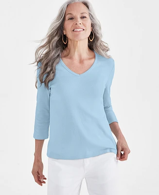 Style & Co Women's Cotton 3/4-Sleeve V-Neck Tee, Created for Macy's