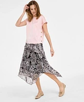 Jones New York Womens Side Button Short Sleeve Top Paisley Bias Cut Midi Skirt