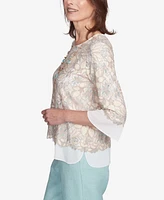 Alfred Dunner Petite Kensington Gardens Floral Lace Woven Trim Top with Necklace