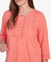 Alfred Dunner Petite Free Spirit Solid Cut Out Beaded Split Neck Top