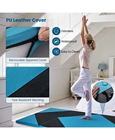 4-Panel Pu Leather Folding Exercise Gym Mat with Hook and Loop Fasteners-Black & Turquoise