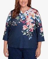 Alfred Dunner Plus Free Spirit Floral Knit Ruched Sleeve Top