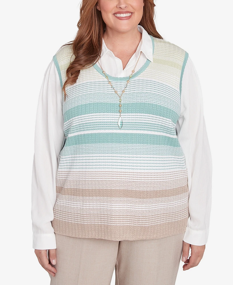 Alfred Dunner Plus Kensington Gardens Striped Vest Collared Two One Sweater with Necklace