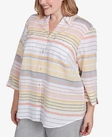 Alfred Dunner Plus Dress Code Button Down Striped Cuffed Sleeve Top