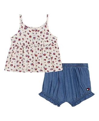 Tommy Hilfiger Baby Girl 2-Piece Floral Babydoll Top and Denim Bloomers Set