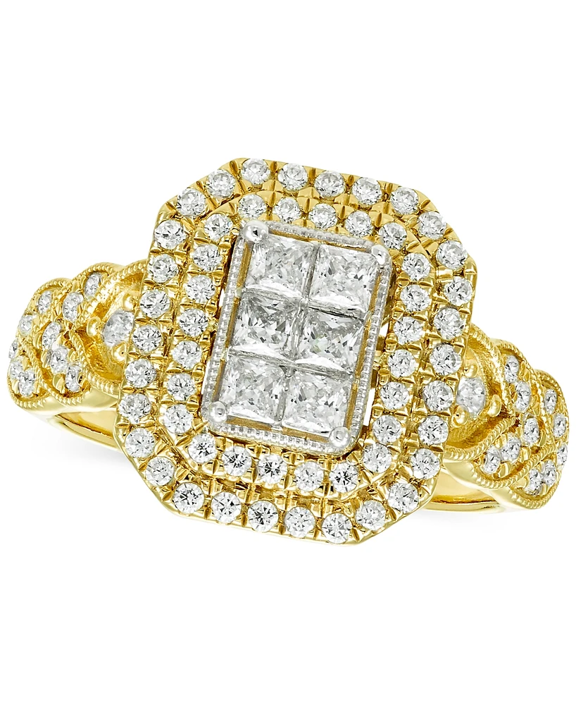 Diamond Emerald Shaped Double Halo Cluster Ring (1 ct. t.w.) in 14k Two-Tone Gold