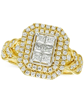 Diamond Emerald Shaped Double Halo Cluster Ring (1 ct. t.w.) in 14k Two-Tone Gold