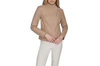 Cole Haan Women's 20 1/2” Moulded Collar Asymmetric Leather Jacket