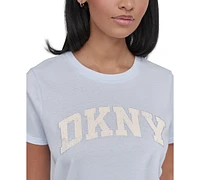 Dkny Women's Active Rhinestone-Logo Distressed Crewneck Cotton T-Shirt
