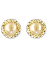 Effy Cultured South Sea Pearl (9mm), Yellow Diamond (2-1/20 ct. t.w.) & White Diamond (1-1/8 ct. t.w.) Halo Stud Earrings in 14k Gold