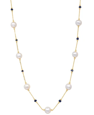 Effy Cultured Freshwater Pearl (8mm) & Sapphire (2-1/10 ct. t.w.) 18" Collar Necklace in 14k Gold