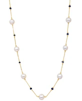 Effy Cultured Freshwater Pearl (8mm) & Sapphire (2-1/10 ct. t.w.) 18" Collar Necklace in 14k Gold