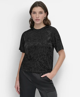 Dkny Women's Scribble-Logo Jacquard Short-Sleeve Top