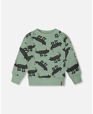 Deux par Big Boys Printed Pullover French Terry Sweatshirt Gray Wolf On Teal Background