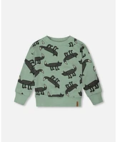 Deux par Big Boys Printed Pullover French Terry Sweatshirt Gray Wolf On Teal Background