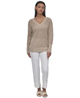 Dkny Jeans Women's Cotton Open-Knit V-Neck Sweater