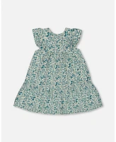 Deux par Baby Girls Printed Organic Cotton Dress Small Turquoise Flowers