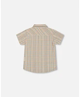 Deux par Toddler Boys Short Sleeve Button Down Shirt Beige And Sage Plaid - Toddler|Child