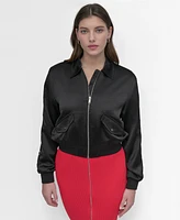 Dkny Women's Long-Grommet-Trim-Sleeve Satin Bomber Jacket